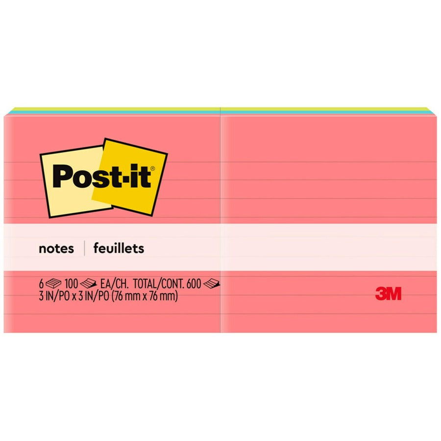 Post-it®, Lined Notes - Poptimistic Color Collection - 600 - 3" Flag/Note Width x 3" Flag/Note Length - Square - 100 Sheets per Pad - Ruled - Pink, Blue, Green - Paper - Self-adhesive, Repositionable - 6 / Pack