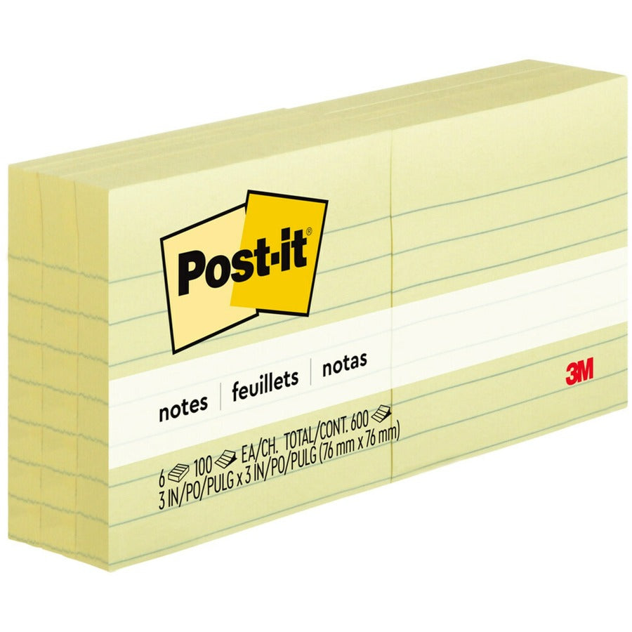 Post-it®, Lined Notes - 600 x Canary Yellow - 3" Flag/Note Width x 3" Flag/Note Length - Square - 100 Sheets per Pad - Ruled - Yellow - Paper - Self-adhesive, Repositionable, Removable - 6 / Pack