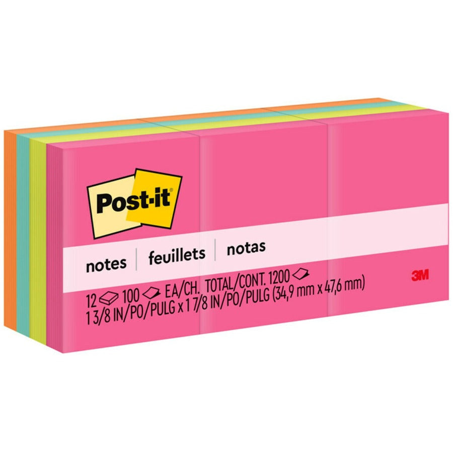 Post-it, Notes Original Notepads - Poptimistic Color Collection - 1200 - 1 1/2" Flag/Note Width x 2" Flag/Note Length - Rectangle - 100 Sheets per Pad - Unruled - Power Pink, Acid Lime, Aqua Splash, Vital Orange - Paper - Self-adhesive, Repositiona...