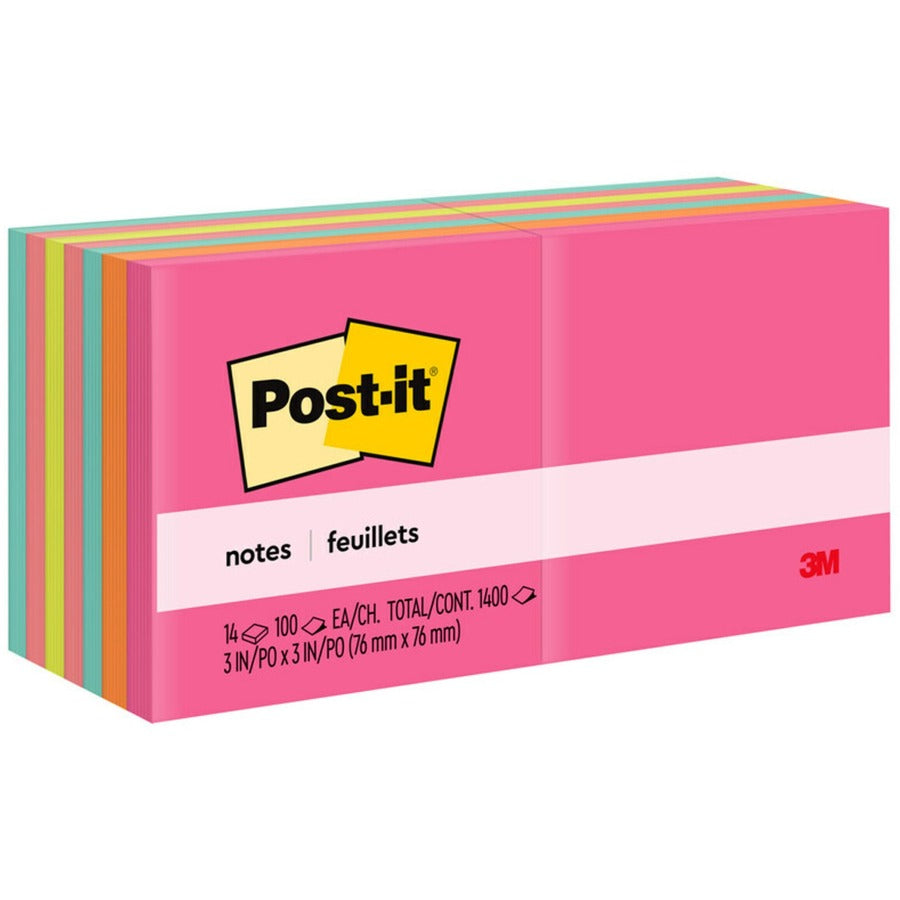 Post-it®, Notes - Poptimistic Color Collection - 1400 - 3" Flag/Note Width x 3" Flag/Note Length - Square - 100 Sheets per Pad - Unruled - Power Pink, Vital Orange, Aqua Splash, Guava, Acid Lime, Neon Green - Paper - Self-adhesive, Repositionable...