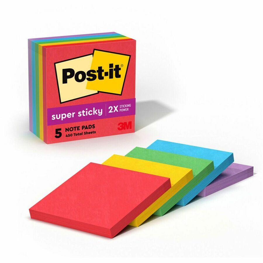 Post-it®, Super Sticky Notes - Playful Primaries Color Collection - 450 - 3" Flag/Note Width x 3" Flag/Note Length - Square - 90 Sheets per Pad - Unruled - Candy Apple Red, Sunnyside, Lucky Green, Blue Paradise, Iris Infusion - Paper - Self-adhesive...