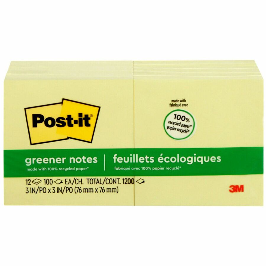 Post-it®, Greener Notes - 1200 - 3" Flag/Note Width x 3" Flag/Note Length - Square - 100 Sheets per Pad - Unruled - Canary Yellow - Paper - Self-adhesive, Repositionable - Recycled - 1 Pack
