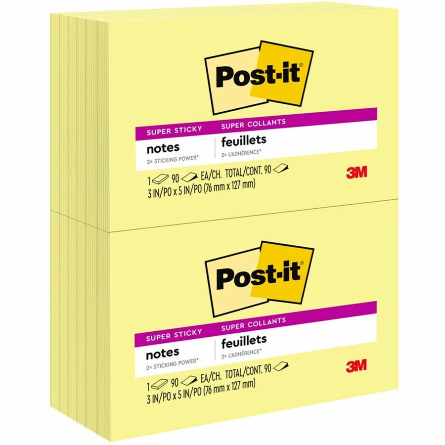 Post-it®, Super Sticky Notes - 1080 - 3" Flag/Note Width x 5" Flag/Note Length - Rectangle - 90 Sheets per Pad - Unruled - Yellow - Paper - Self-adhesive - 12 / Pack