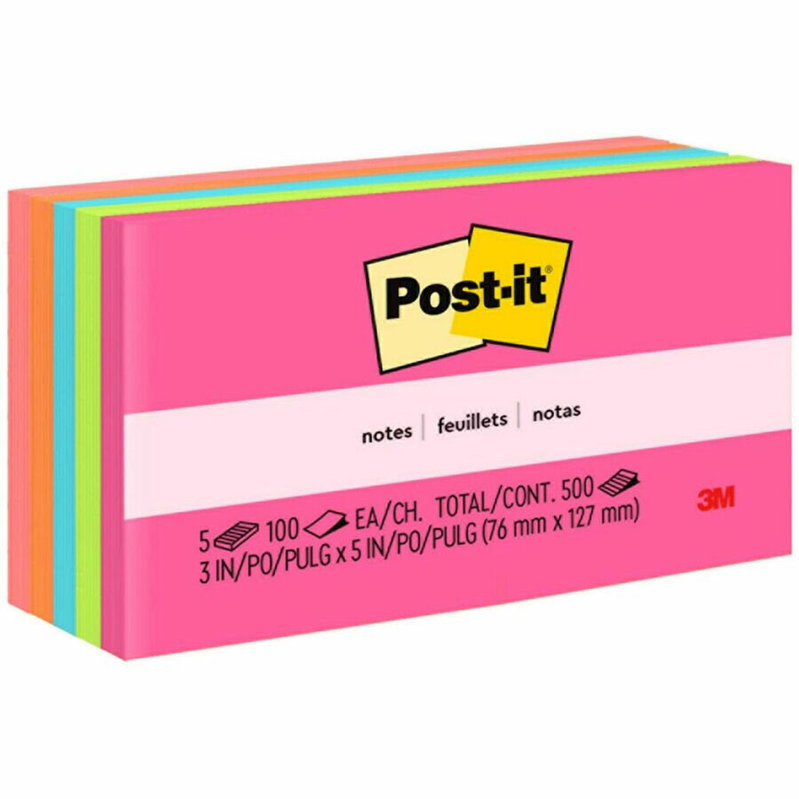 Post-it®, Notes Original Notepads - Poptimistic Color Collection - 500 - 3" Flag/Note Width x 5" Flag/Note Length - Rectangle - 100 Sheets per Pad - Unruled - Power Pink, Acid Lime, Vital Orange, Aqua Splash, Guava - Paper - Self-adhesive, Repositio...