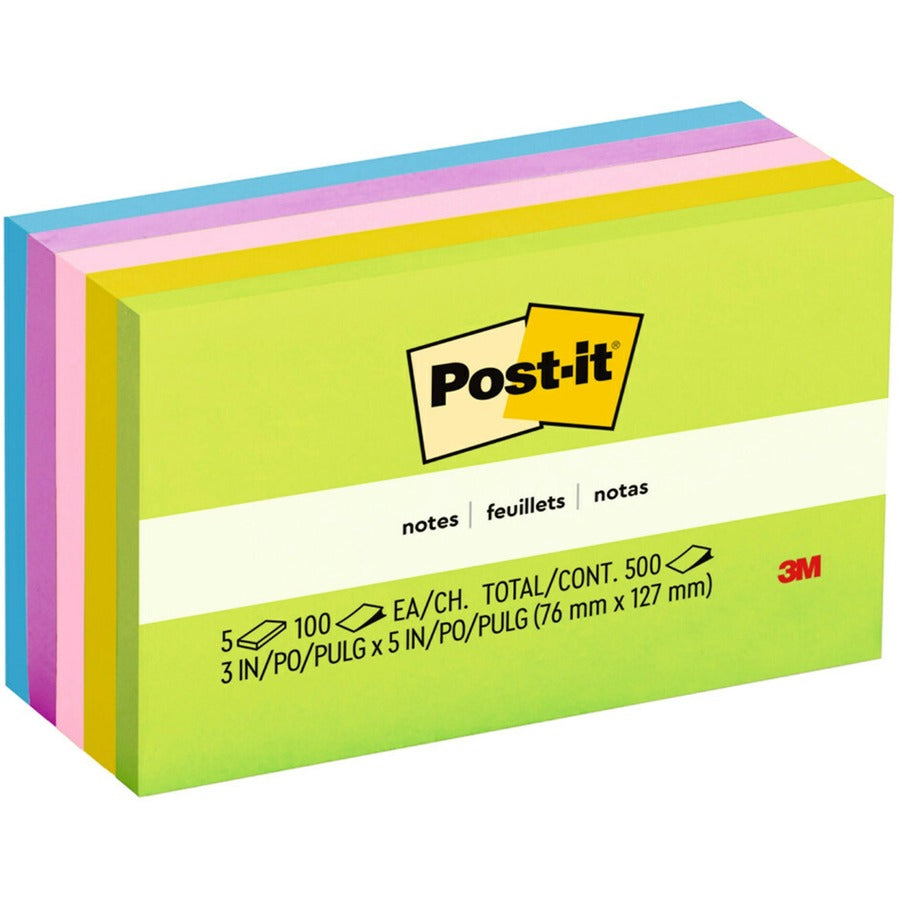 Post-it®, Notes Original Notepads - Floral Fantasy Color Collection - 500 - 3" Flag/Note Width x 5" Flag/Note Length - Rectangle - 100 Sheets per Pad - Unruled - Limeade, Citron, Positively Pink, Iris Infusion, Blue Paradise - Paper - Self-adhesive...