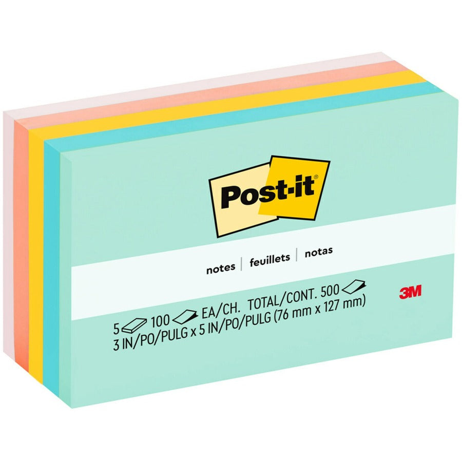 Post-it®, Notes - Beachside Café, Color Collection - 500 - 3" Flag/Note Width x 5" Flag/Note Length - Rectangle - 100 Sheets per Pad - Unruled - Fresh Mint, Aqua Splash, Pink, Papaya Fizz, Pink Salt - Paper - Self-adhesive, Repositionable - 1...