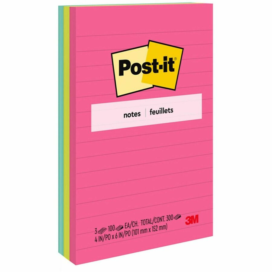 Post-it®, Lined Notes - Poptimistic Color Collection - 300 - 4" Flag/Note Width x 6" Flag/Note Length - Rectangle - 100 Sheets per Pad - Ruled - Power Pink, Neon Green, Aqua - Paper - Self-adhesive, Repositionable - 1 Pack