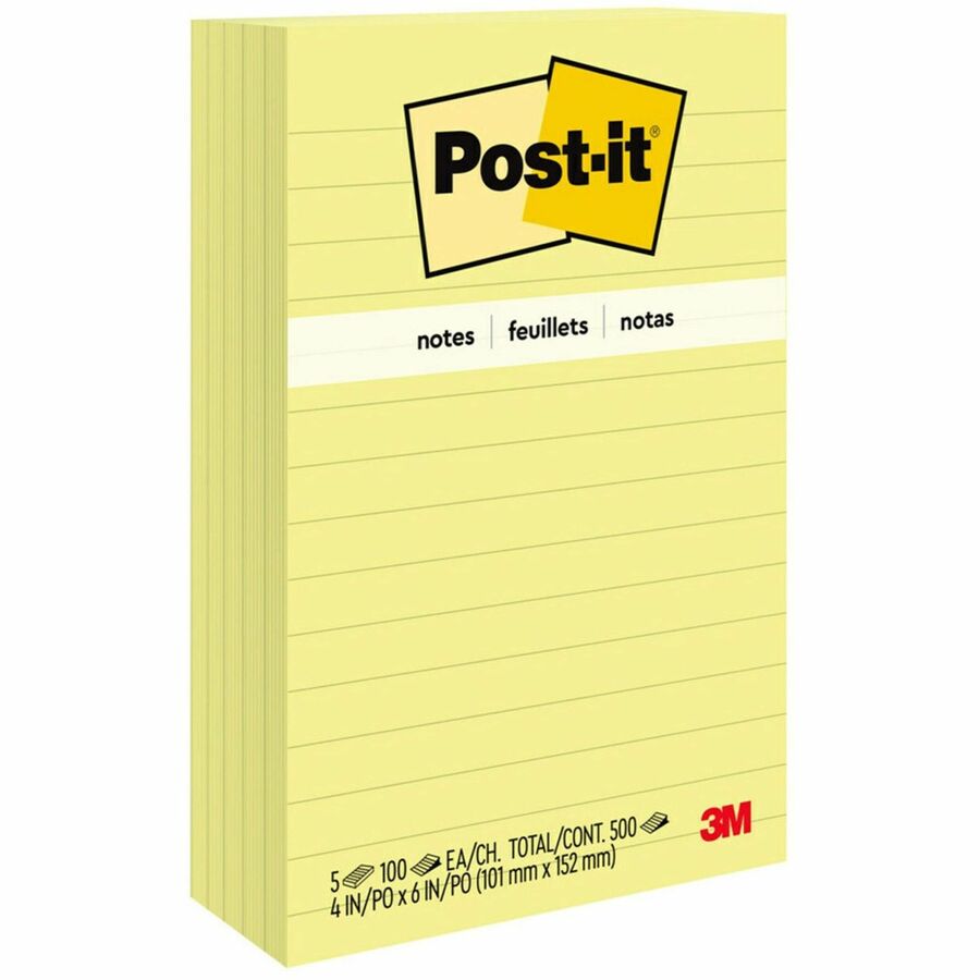 Post-it®, Lined Notes - 500 - 4" Flag/Note Width x 6" Flag/Note Length - Rectangle - 100 Sheets per Pad - Ruled - Yellow - Paper - Self-adhesive, Repositionable - 1 Pack