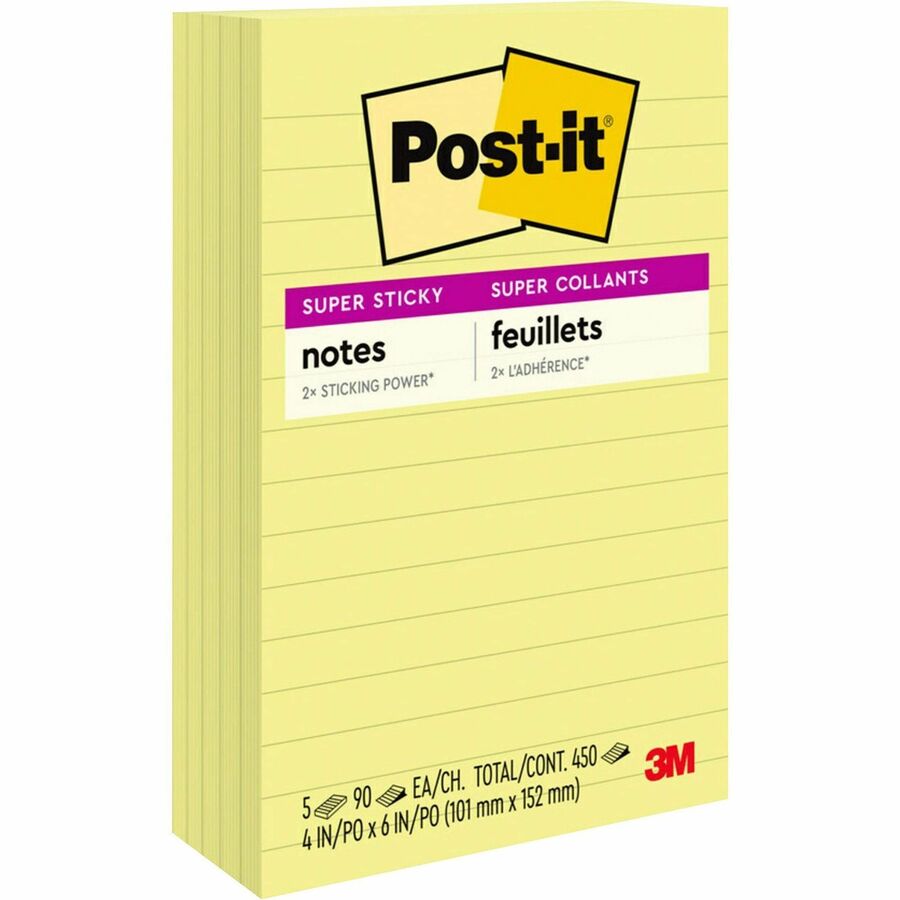 Post-it®, Super Sticky Lined Notes - 450 - 4" Flag/Note Width x 6" Flag/Note Length - Rectangle - 90 Sheets per Pad - Ruled - Canary Yellow - Paper - Self-adhesive - 5 / Pack