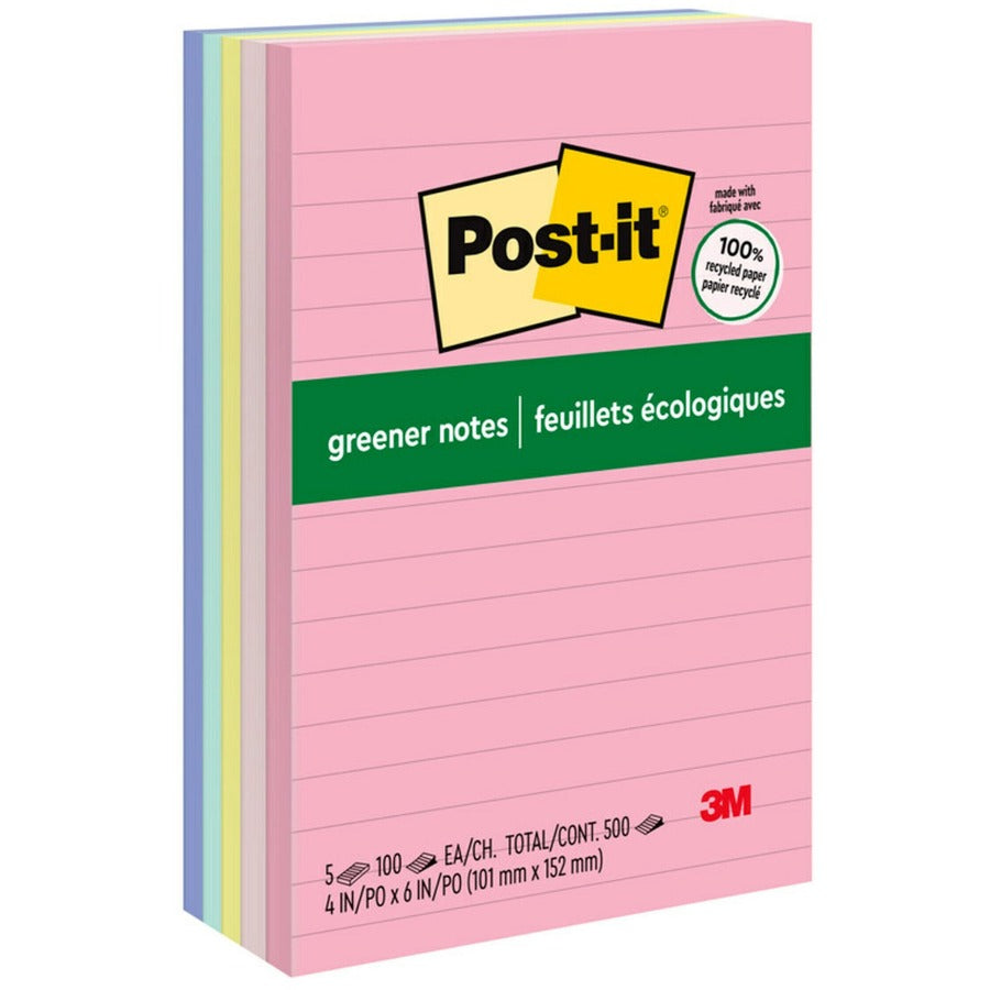 Post-it®, Greener Lined Notes - Sweet Sprinkles Color Collection - 500 x Assorted - 4" Flag/Note Width x 6" Flag/Note Length - Rectangle - 100 Sheets per Pad - Ruled - Positively Pink, Canary Yellow, Fresh Mint, Moonstone - Paper - Self-adhesive, Re...