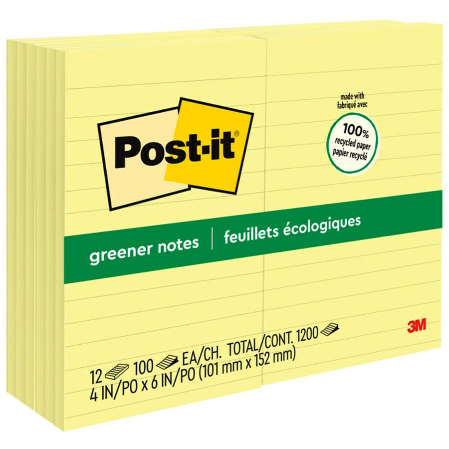Post-it®, Greener Notes - 1200 - 4" Flag/Note Width x 6" Flag/Note Length - Rectangle - 100 Sheets per Pad - Ruled - Canary Yellow - Paper - Self-adhesive, Repositionable - Recycled - 1 Pack