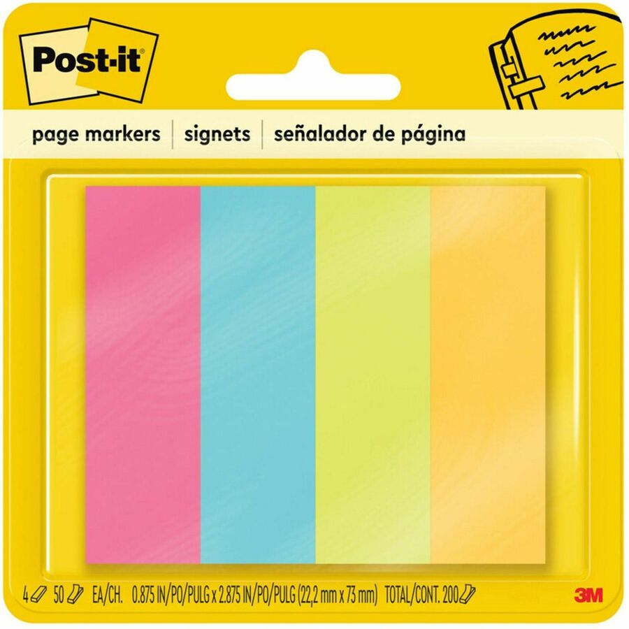 Post-it®, Page Markers - 1" Flag/Note Width x 3" Flag/Note Length - Rectangle - Assorted - Removable, Self-adhesive - 1 Pack
