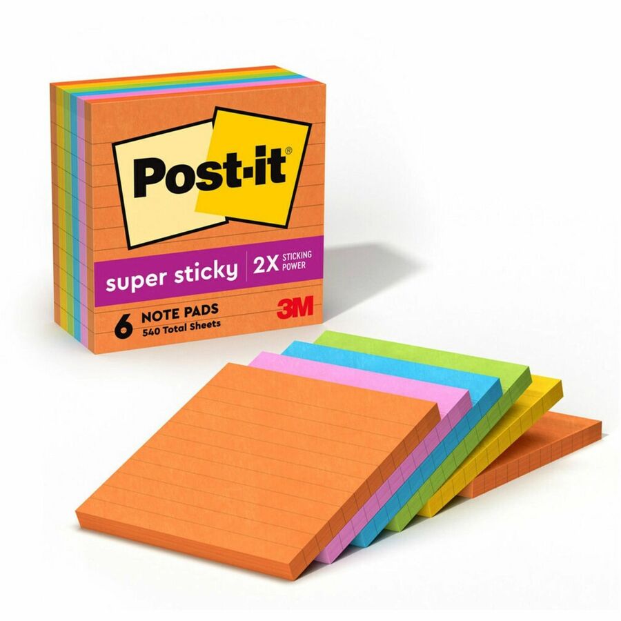 Post-it®, Super Sticky Lined Notes - Energy Boost Color Collection - 540 - 4" Flag/Note Width x 4" Flag/Note Length - Square - 90 Sheets per Pad - Ruled - Vital Orange, Tropical Pink, Blue Paradise, Limeade, Sunnyside - Paper - Self-adhesive - 6 / Pack