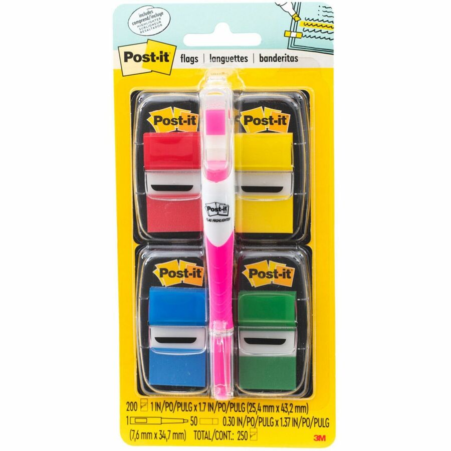 Post-it®, Flags Value Pack - 200 - 1" Flag/Note Width x 1 3/4" Flag/Note Length - Rectangle - Unruled - Red, Green, Yellow, Blue, Assorted - Self-adhesive, Removable - Dispenser Included - 250 / Pack