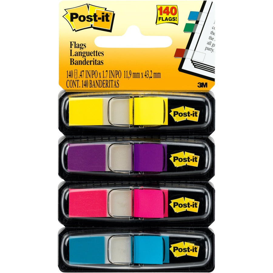 Post-it®, Flags - 35 x Bright Blue, 35 x Bright Pink, 35 x Bright Purple, 35 x Bright Yellow - 1/2" Flag/Note Width x 1 3/4" Flag/Note Length - Rectangle - Unruled - Yellow, Purple, Blue, Pink, Aqua - Self-adhesive, Removable, Residue-free, Repositi...