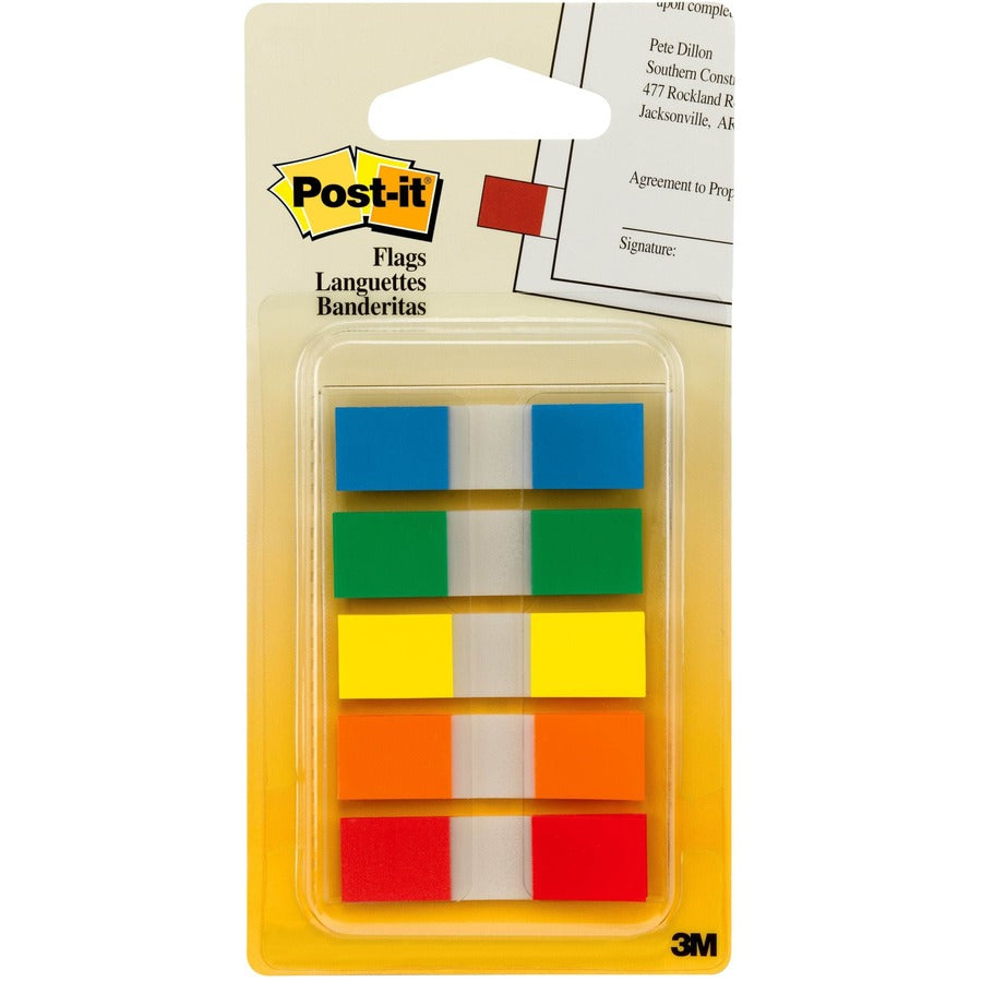 Post-it®, Flags in Portable Dispenser - 20 x Blue, 20 x Green, 20 x Orange, 20 x Red, 20 x Yellow - 1/2" Flag/Note Width x 1 3/4" Flag/Note Length - Rectangle - Unruled - Blue, Red, Orange, Green, Yellow, Assorted - Removable, Self-adhesive - Dispen...