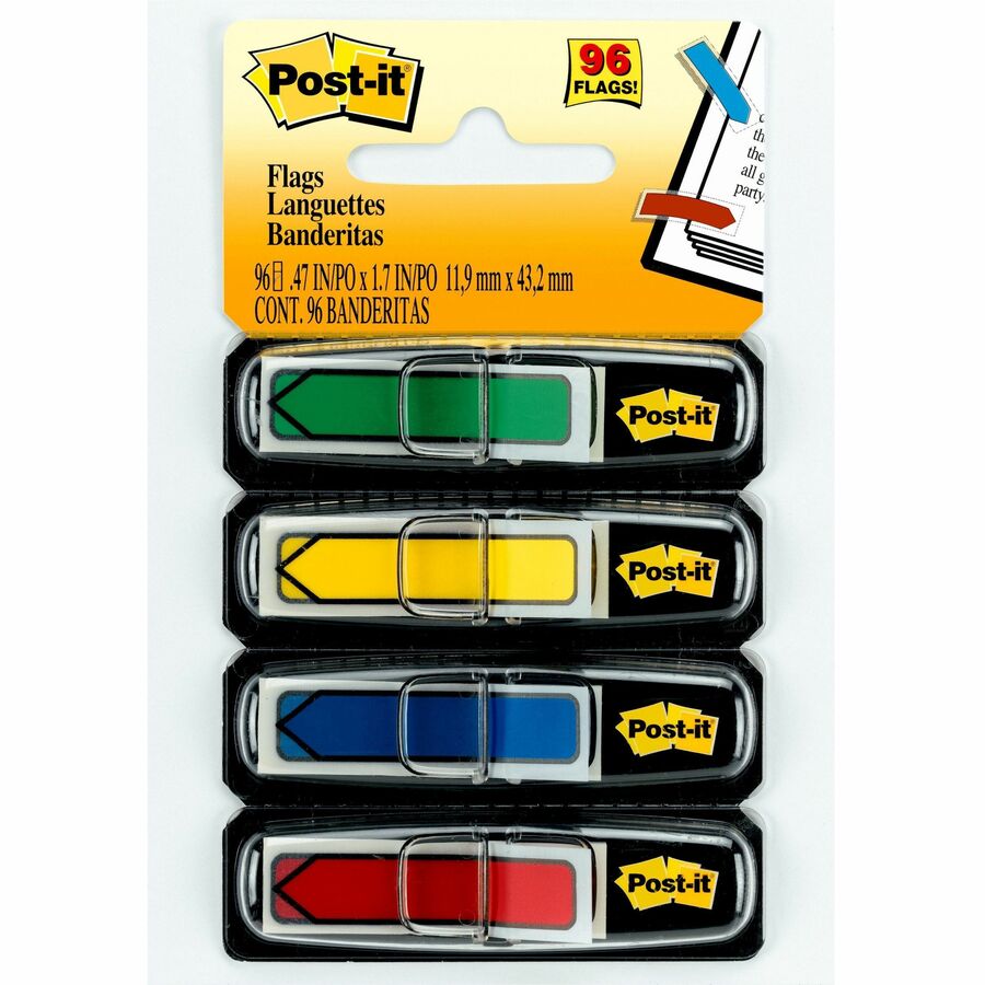 Post-it®, Arrow Flags - 24 x Red, 24 x Green, 24 x Yellow, 24 x Blue - 1/2" Flag/Note Width x 1 3/4" Flag/Note Length - Arrow, Rectangle - Unruled - Green, Yellow, Red, Blue, Assorted - Removable, Self-adhesive, Repositionable - Dispenser Included...