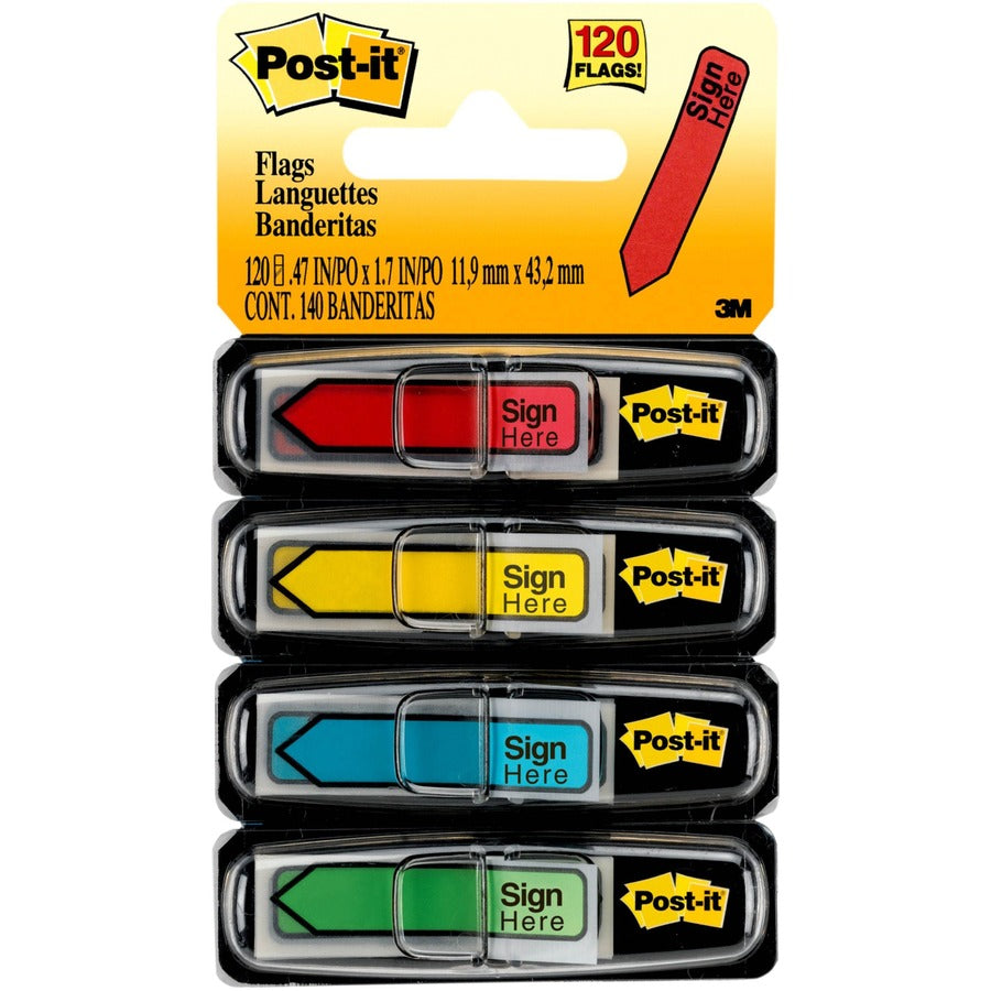 Post-it®, Message Flags - 30 x Yellow, 30 x Blue, 30 x Red, 30 x Green - 1/2" Flag/Note Width x 1 3/4" Flag/Note Length - Rectangle, Arrow - Unruled - SIGN HERE - Blue, Red, Green, Yellow, Assorted - Removable, Self-adhesive - Dispenser Included - 1...