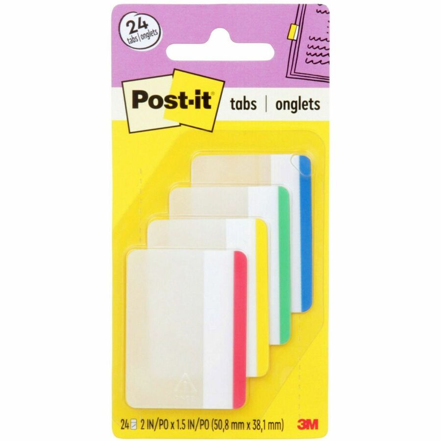 Post-it®, Durable Tabs - Write-on Tab(s) - 1.50" Tab Height x 2" Tab Width - Removable - Blue, Red, Green, Yellow Tab(s) - Insertable, Durable, Repositionable, Flexible, Writable, Wear Resistant, Tear Resistant, Reusable - 24 / Pack