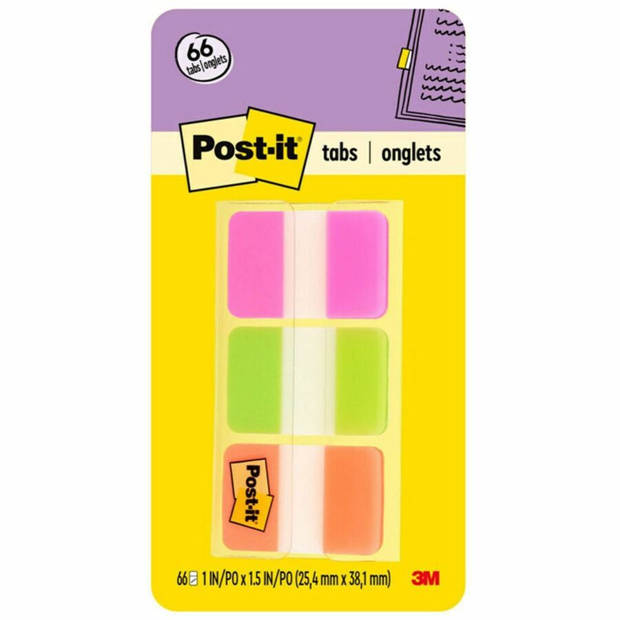 Post-it®, Durable Tabs - 1.50" Tab Height x 1" Tab Width - Removable - Pink, Purple, Orange, Semi-transparent Tab(s) - Wear Resistant, Tear Resistant, Durable, Repositionable, Writable, Reusable - 66 / Pack