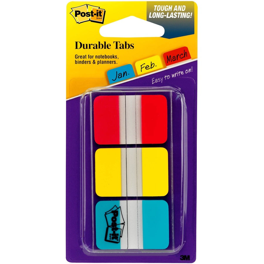 Post-it®, Durable Tabs - Write-on Tab(s) - 0.98" Tab Height x 1" Tab Width - Self-adhesive, Removable - Red, Yellow, Blue, Neon Tab(s) - Wear Resistant, Tear Resistant, Durable, Writable, Repositionable, Reusable - 66 / Pack