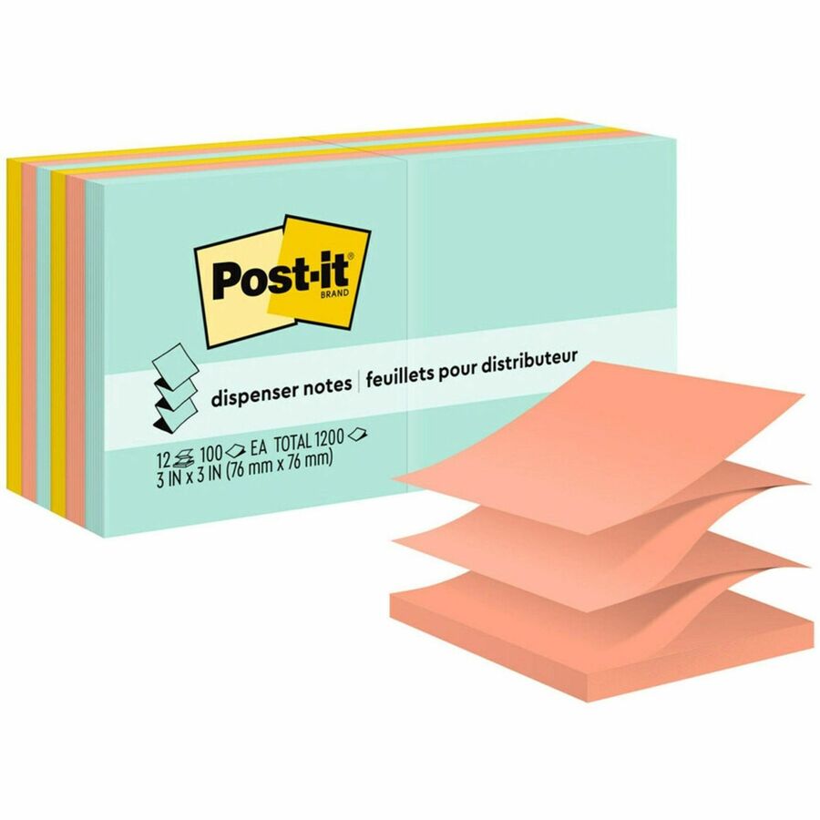 Post-it®, Dispenser Notes - 1200 - 3" Flag/Note Width x 3" Flag/Note Length - Square - 100 Sheets per Pad - Unruled - Fresh Mint, Aqua Splash, Sunnyside, Papaya Fizz, Guava - Paper - Pop-up, Self-adhesive, Repositionable - 1 Pack