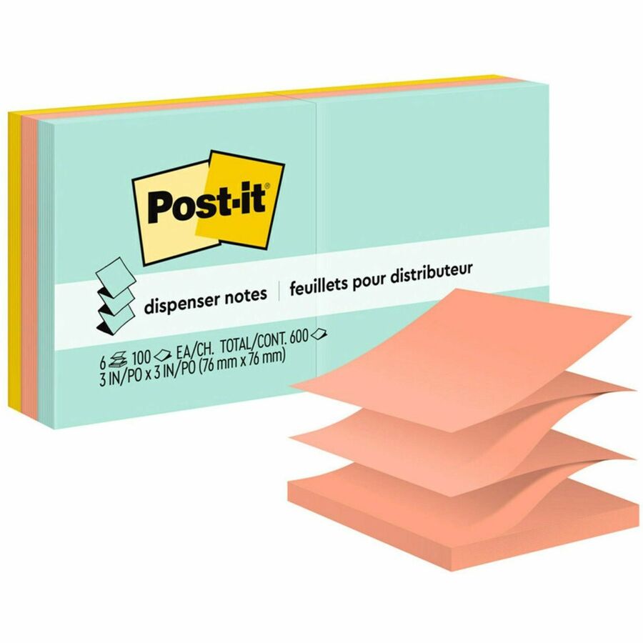 Post-it®, Dispenser Notes - 600 - 3" Flag/Note Width x 3" Flag/Note Length - Square - 100 Sheets per Pad - Unruled - Green, Pink, Yellow - Paper - Pop-up, Self-adhesive, Repositionable - 6 / Pack