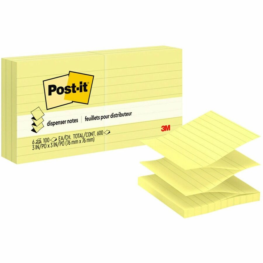 Post-it®, Dispenser Notes - 600 - 3" Flag/Note Width x 3" Flag/Note Length - Square - 100 Sheets per Pad - Ruled - Yellow - Paper - Pop-up, Fanfold, Refillable - 6 / Pack