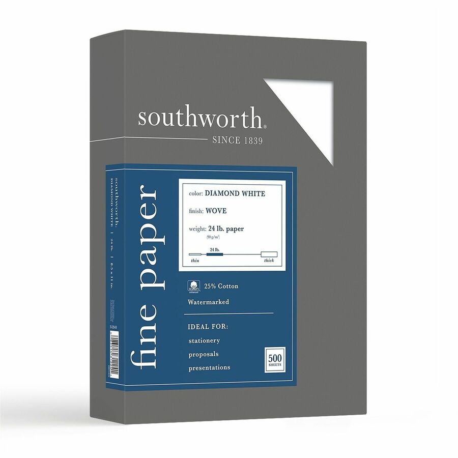 Southworth 25% Cotton Business Paper - Letter - 8 1/2" x 11" - 24 lb Basis Weight - Wove - Acid-free, Watermarked - Diamond White - 1 Box
