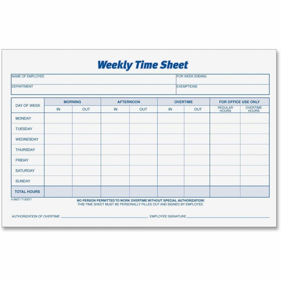 TOPS Weekly Timesheet Form - 100 Sheet(s) - 8.50" x 5.50" Sheet Size - White - White Sheet(s) - Blue Print Color - 1 Pack
