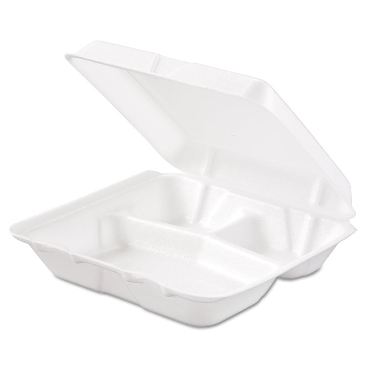 Foam Hinged Lid Containers, 3 Compartments, 7.5 x 8 x 2.3, White, 200/Carton