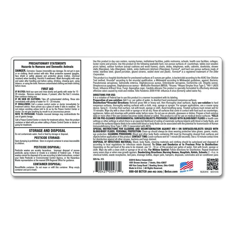 AF315 Disinfectant Cleaner, Citrus Floral Scent, 1 gal Bottle, 4/Carton