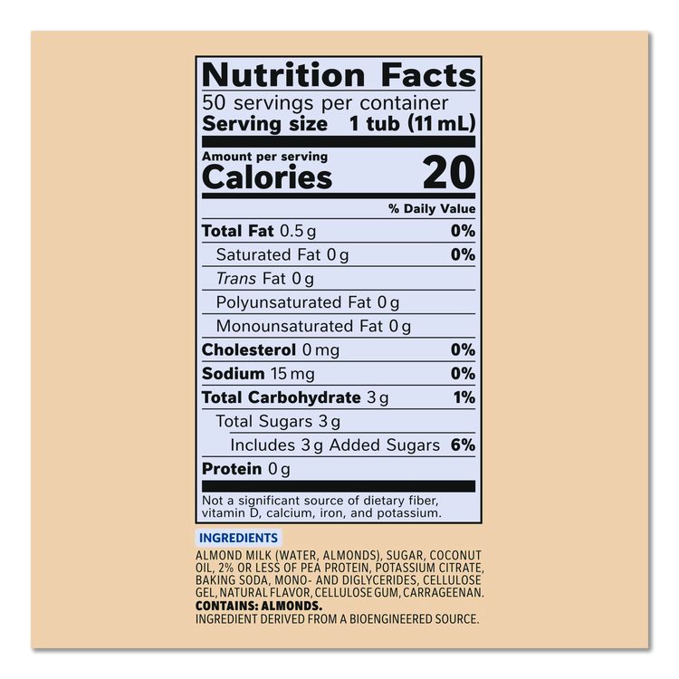 Plant-Based Almond Milk Non-Dairy Liquid Creamer Singles, Natural Vanilla, 0.38 oz Mini Cups, 200/Carton