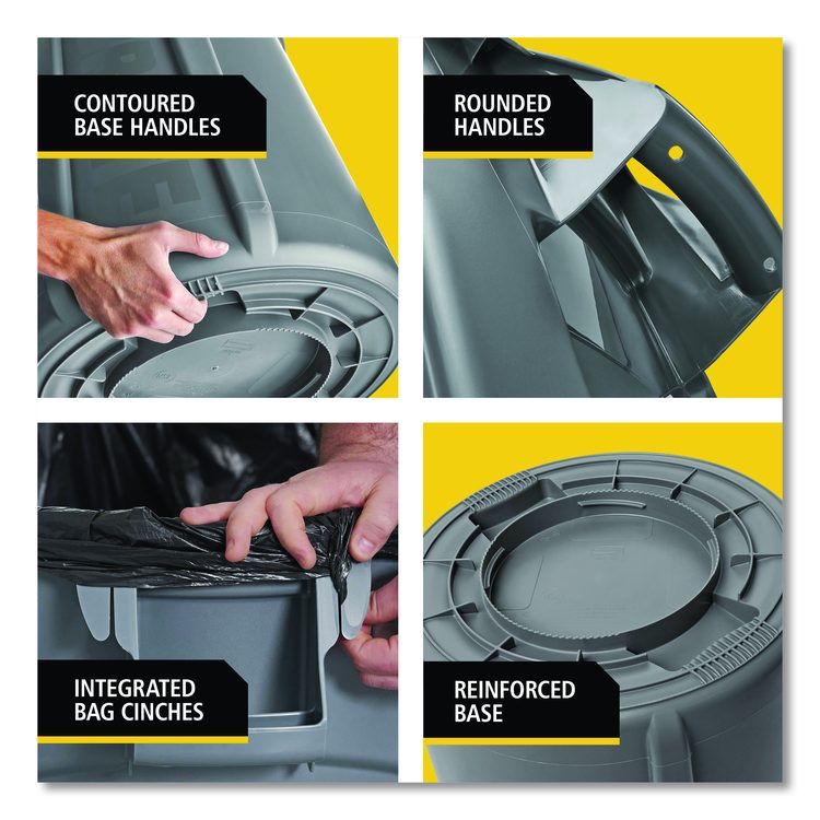 Vented Round Brute Container, 44 gal., Plastic, Gray