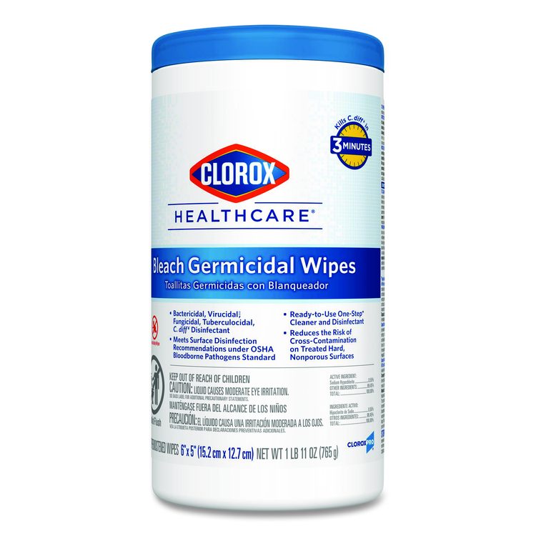 Bleach Germicidal Wipes, 1-Ply, 6 x 5, Unscented, White, 150/Canister