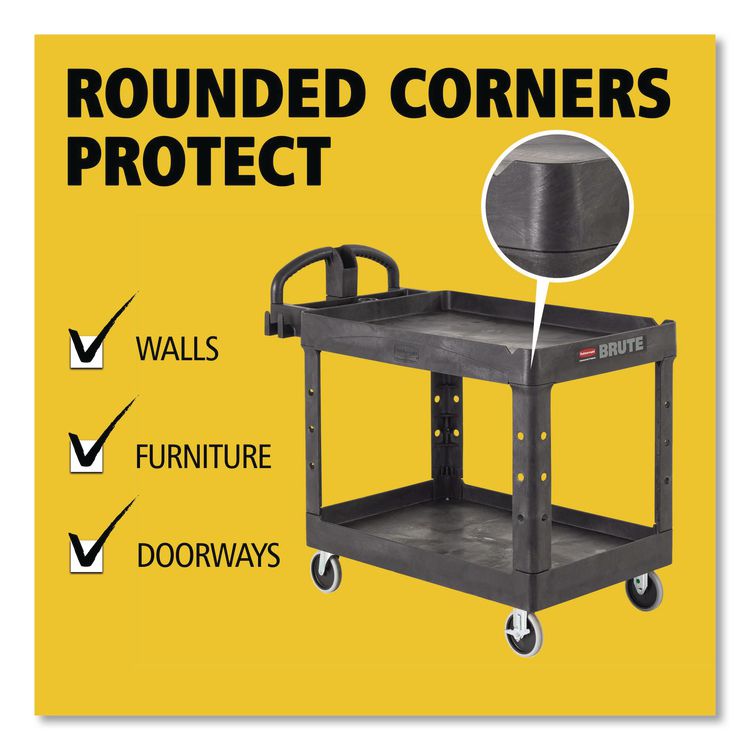 BRUTE Heavy-Duty Utility Cart with Lipped Shelves, Plastic, 2 Shelves, 500 lb Capacity, 25.9" x 45.2" x 32.2", Black