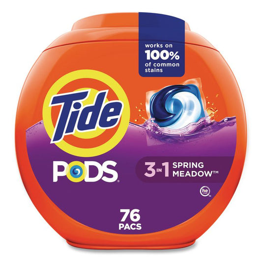 PODS Laundry Detergent, HE Compatible, Spring Meadow, 57 oz Tub, 76 Pacs/Tub, 4 Tubs/Carton