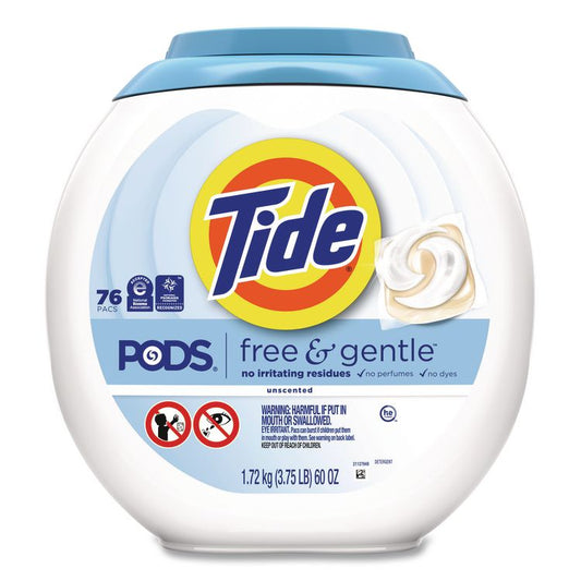 PODS Laundry Detergent, Free and Gentle, HE Compatible, 56 oz Tub, 76 Pacs/Tub, 4 Tubs/Carton