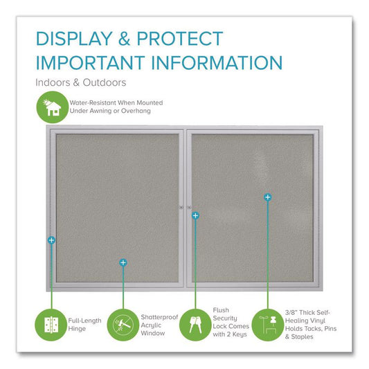 2 Door Enclosed Vinyl Bulletin Board with Satin Frame, 60" x 36", Silver Surface, Satin Aluminum Frame