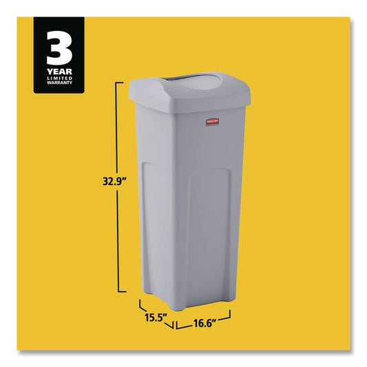 Universal Square Trash Can with Swing Lid, 23 gal, Plastic, Gray