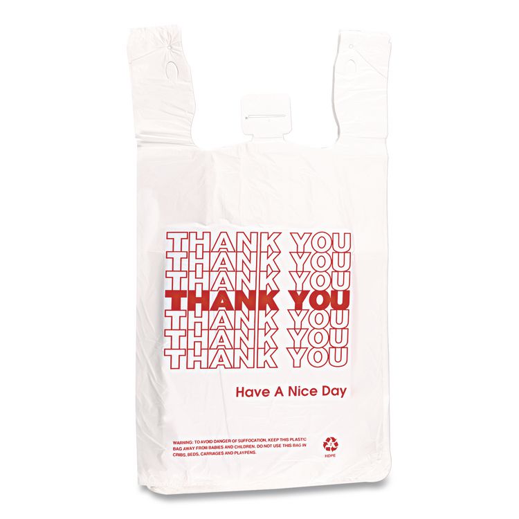 "Thank You" Handled T-Shirt Bag, Have a Nice Day Labeling, Cut-Out Handles, 11.5" x 6.5" x 21", White/Red, 900/Carton