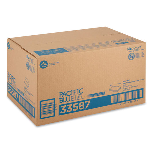 Pacific Blue Ultra Folded Recycled Paper Towels, 1-Ply, 10.2 x 10.8, White, 220/Pack, 10 Packs/Carton