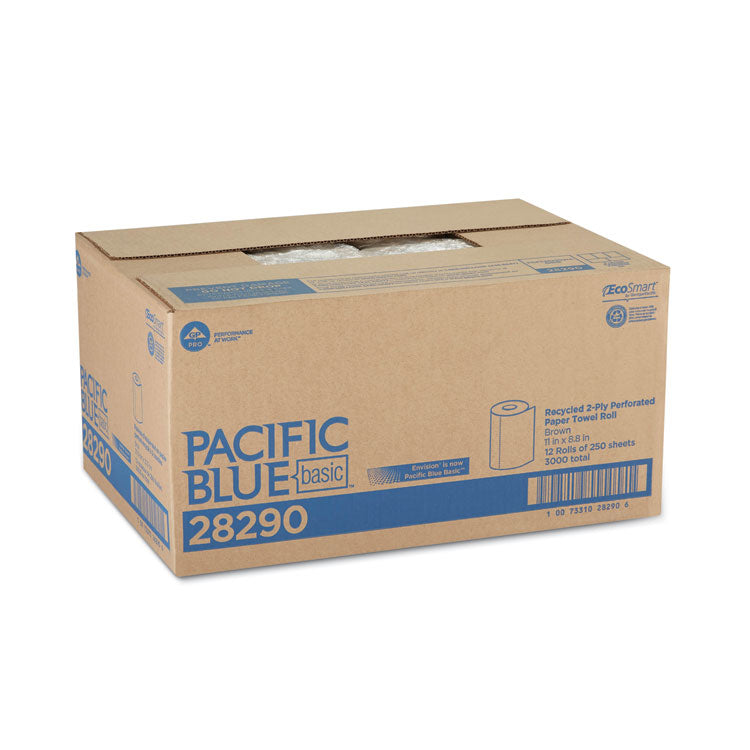Pacific Blue Basic Jumbo Perforated Kitchen Roll Paper Towels, 2-Ply, 11 x 8.8, Brown, 250/Roll, 12 Rolls/Carton