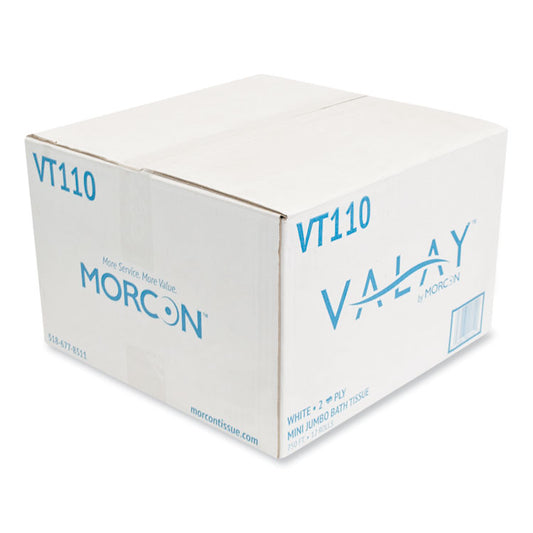 Valay Mini Jumbo Bath Tissue, Septic Safe, 2-Ply, 3.25" x 750 ft, White, 12 Rolls/Carton