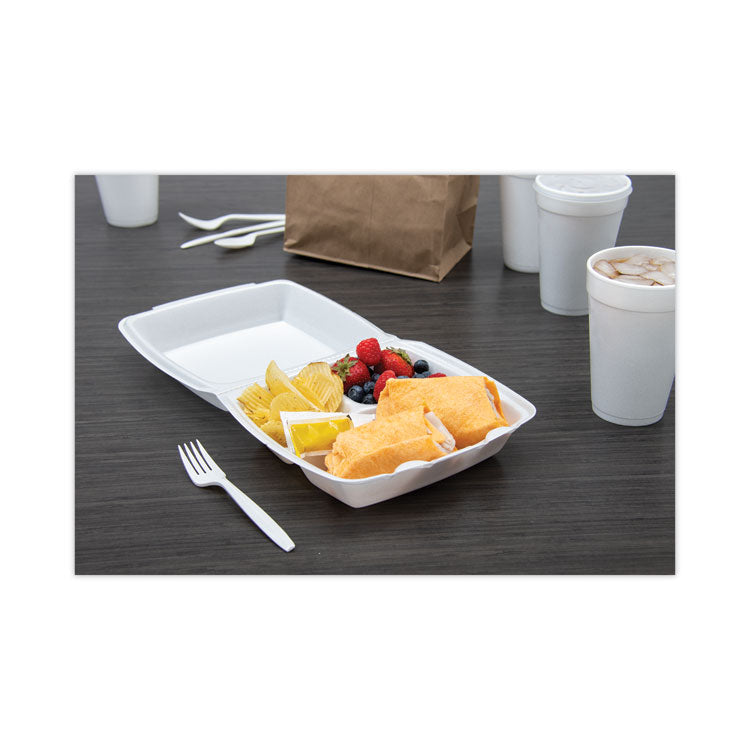 Foam Hinged Lid Container, 3 Compartments, 8 oz, 9 x 9.4 x 3, White, 100/Sleeve, 2 Sleeves/Carton