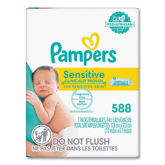 Sensitive Baby Wipes, 1-Ply, 6.7 x 7, Unscented, White, 84/Pack, 7/Carton