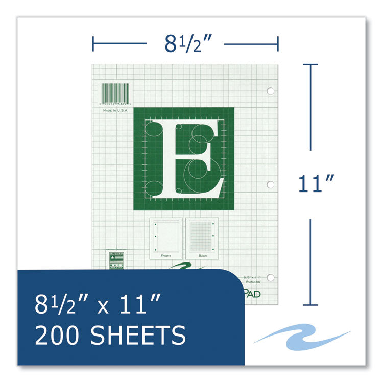 Engineer Pad, Data Format (0.5" Margin) and Quadrille Rule (5 sq/in, 1 sq/in), (200) Light Green 8.5 x 11 Sheets, 12/Carton