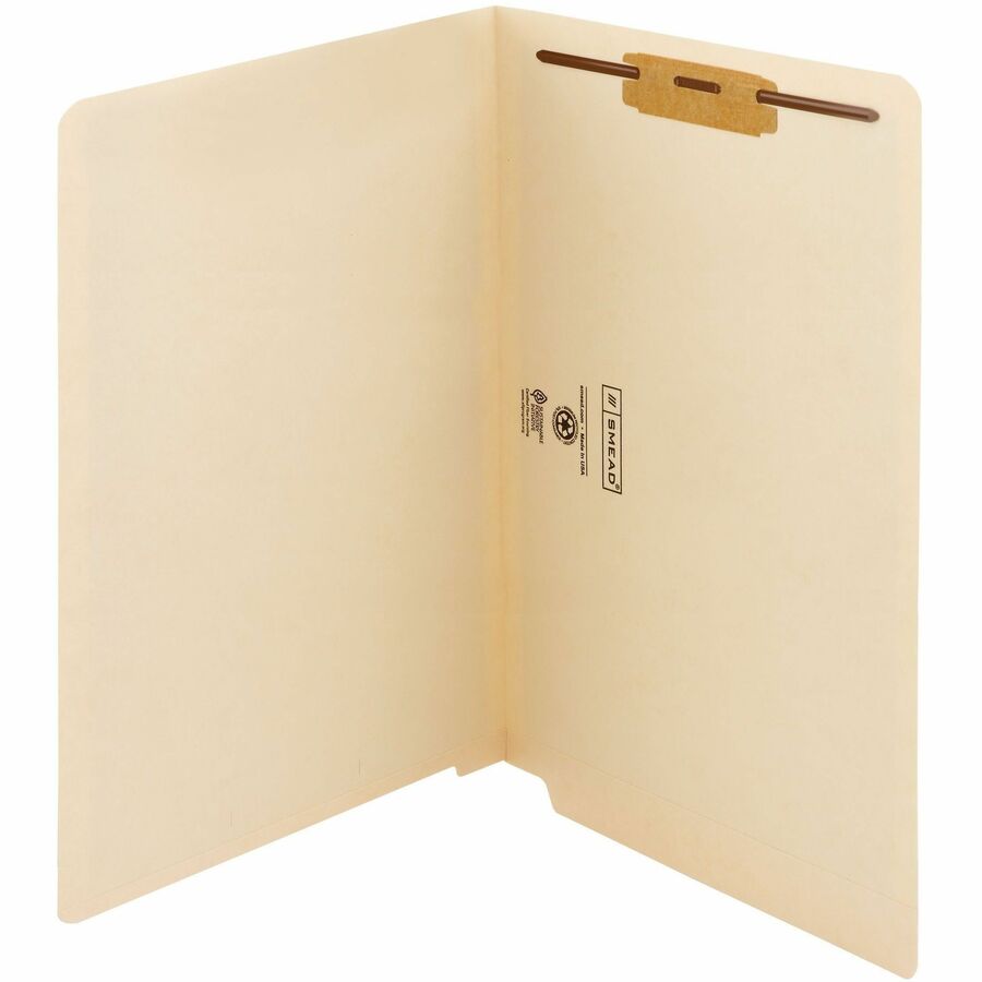 Smead Straight Tab Cut Legal Fastener Folder - 8 1/2" x 14" - 3/4" Expansion - 1 x 2B Fastener - 2" for Folder - End Tab Location - 11 pt. - 2 Plys - Manila - Reinforced Tab, Embossed - 10% Recycled - 50 / Box