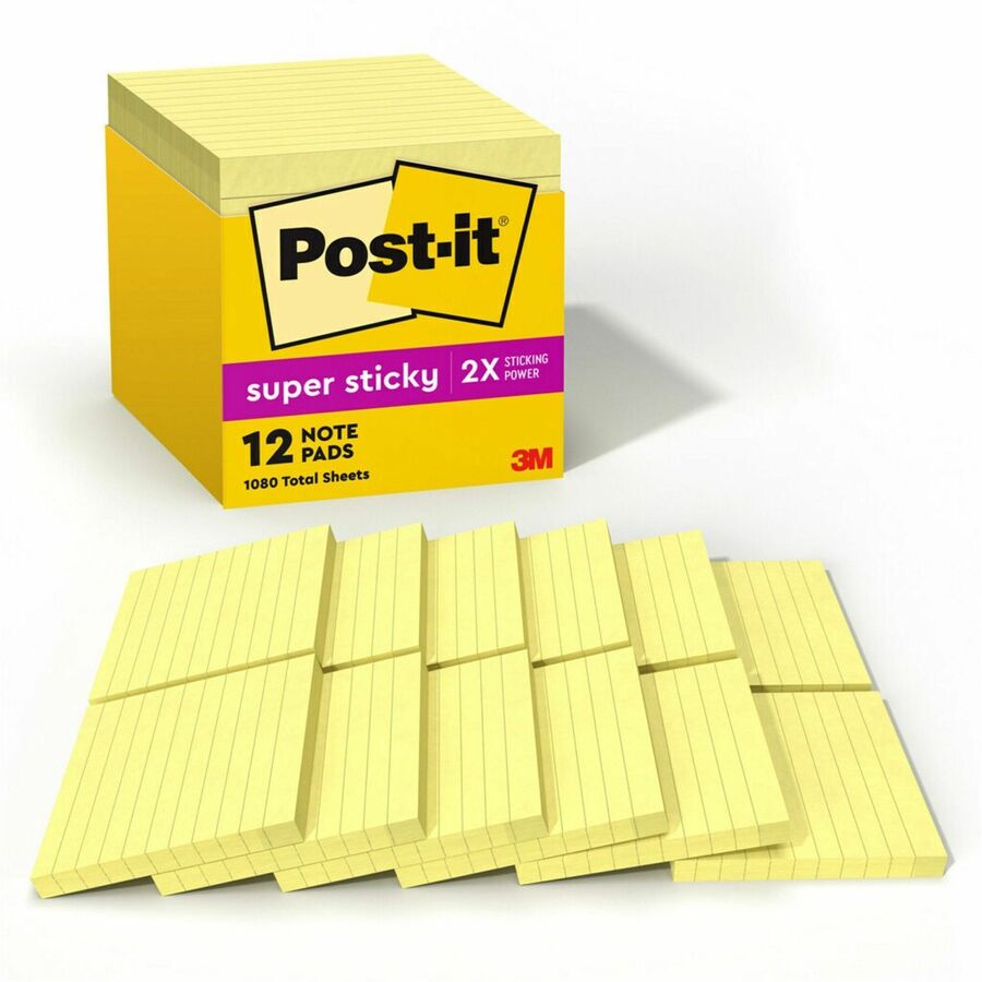 Post-it&reg, Super Sticky Lined Notes Cabinet Pack - 1080 - 4" Flag/Note Width x 4" Flag/Note Length - Square - 90 Sheets per Pad - Ruled - Canary Yellow - Paper - Self-adhesive, Repositionable - 12 / Pack