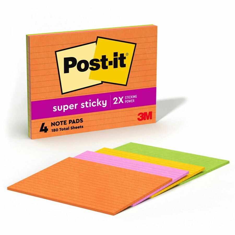 Post-it&reg, Super Sticky Lined Meeting Notepads - 180 - 6" Flag/Note Width x 8" Flag/Note Length - Rectangle - 45 Sheets per Pad - Ruled - Vital Orange, Tropical Pink, Sunnyside, Limeade - Paper - Self-adhesive - 4 / Pack